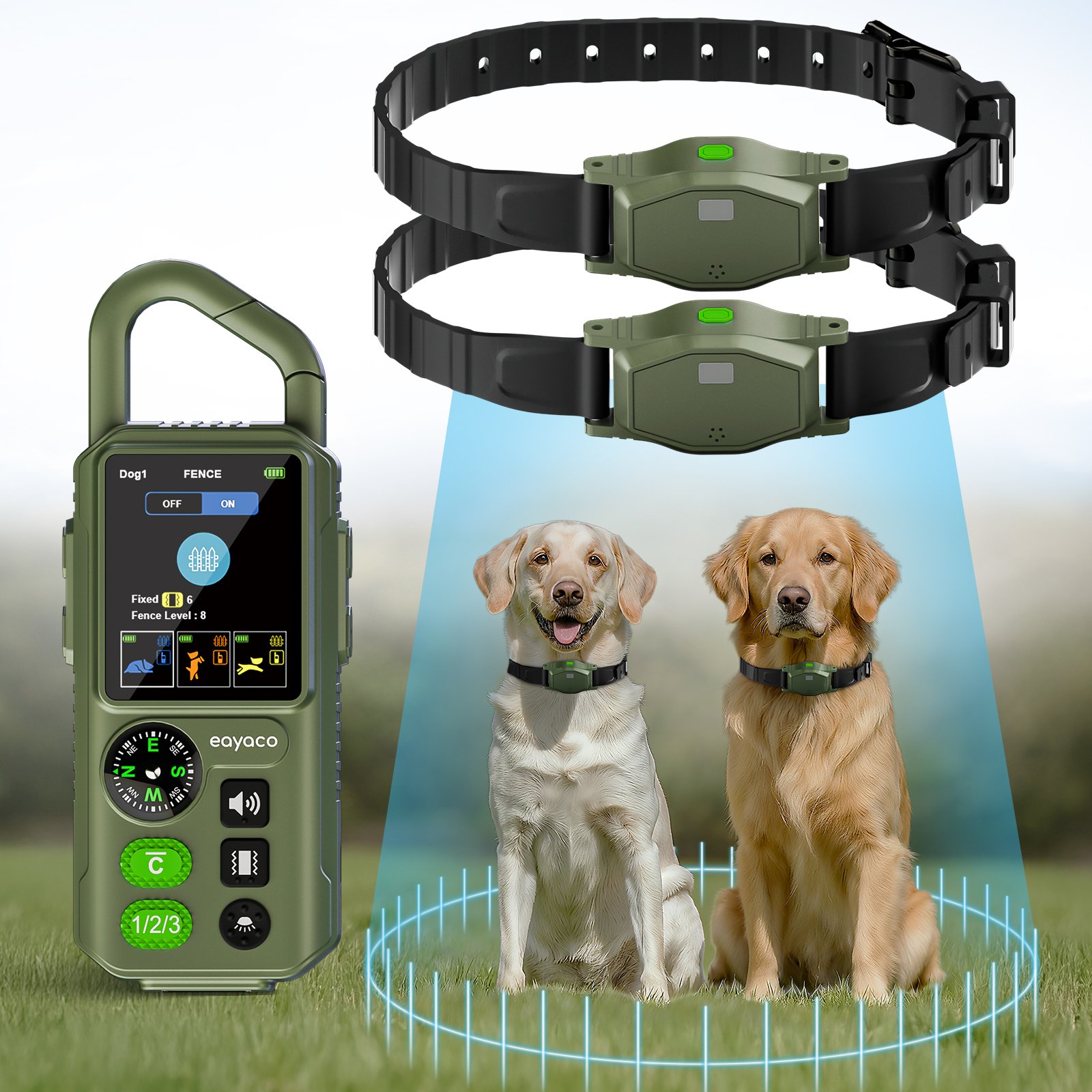 eayaco military green handheld transmitter and two receiver collars
